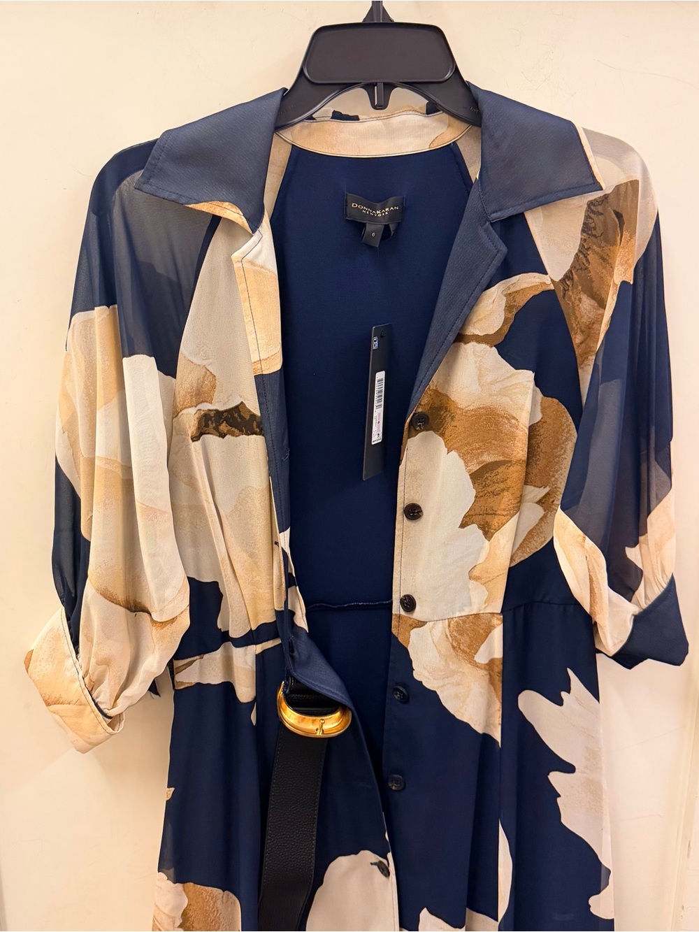 Donna Ricco Navy and Beige Floral Button-Front Dress with Belt